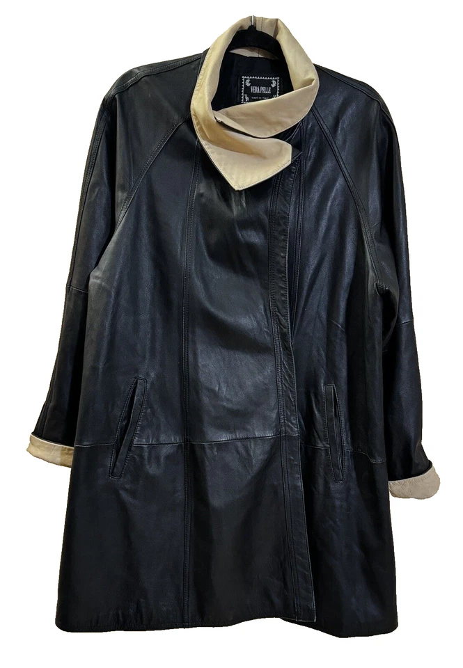 Chaqueta de Cuero Negra Italiana Suave Vintage Vera Pelle Borde Marfil Talla 44 EE. UU. Talla 14