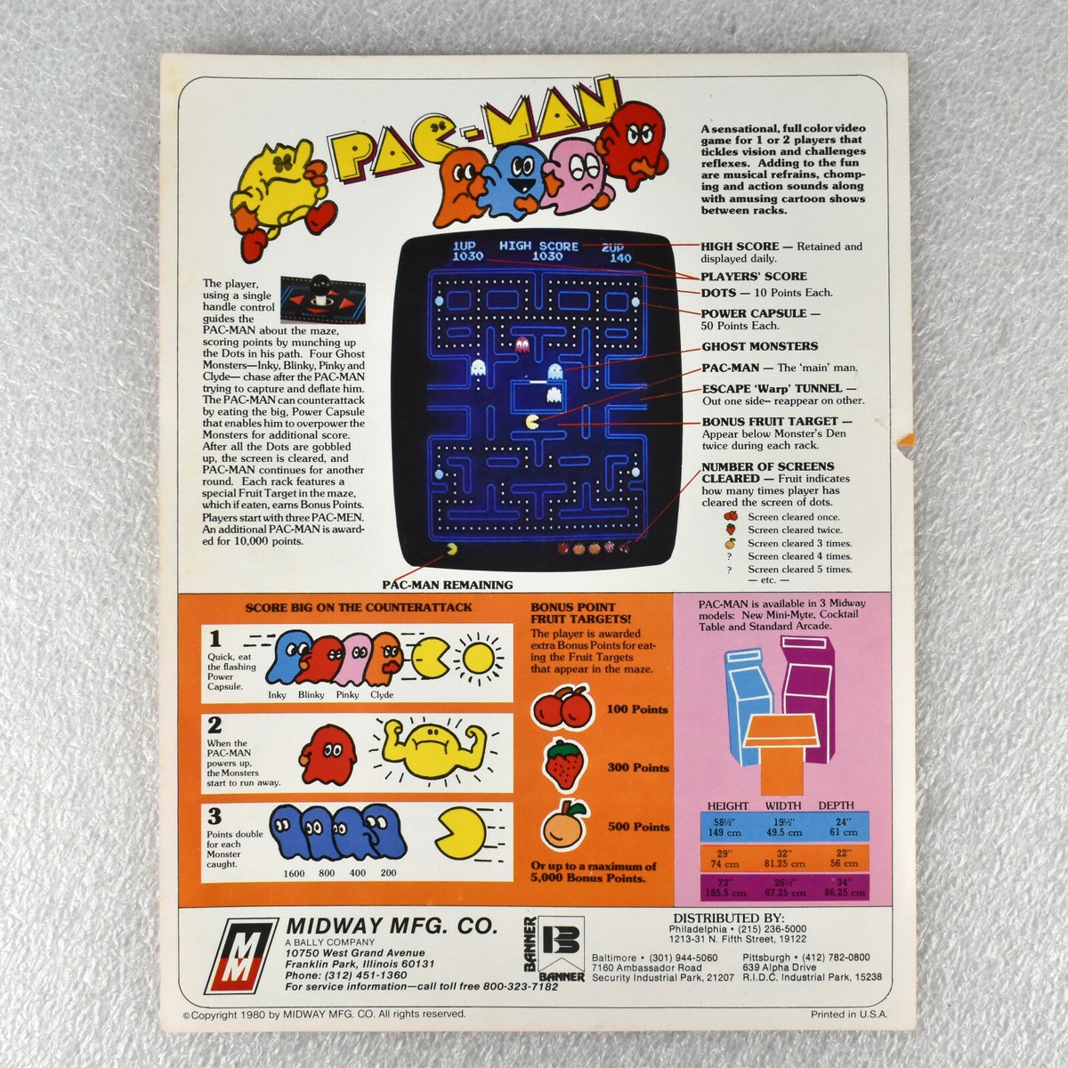 Original VTG Midway Pac-Man Arcade Game Advertising Promo Flyer