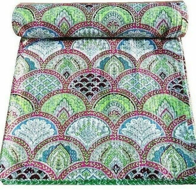 Indian Bed Cover Vintage Cotton Bedspread Decorative Ikat Print Kantha