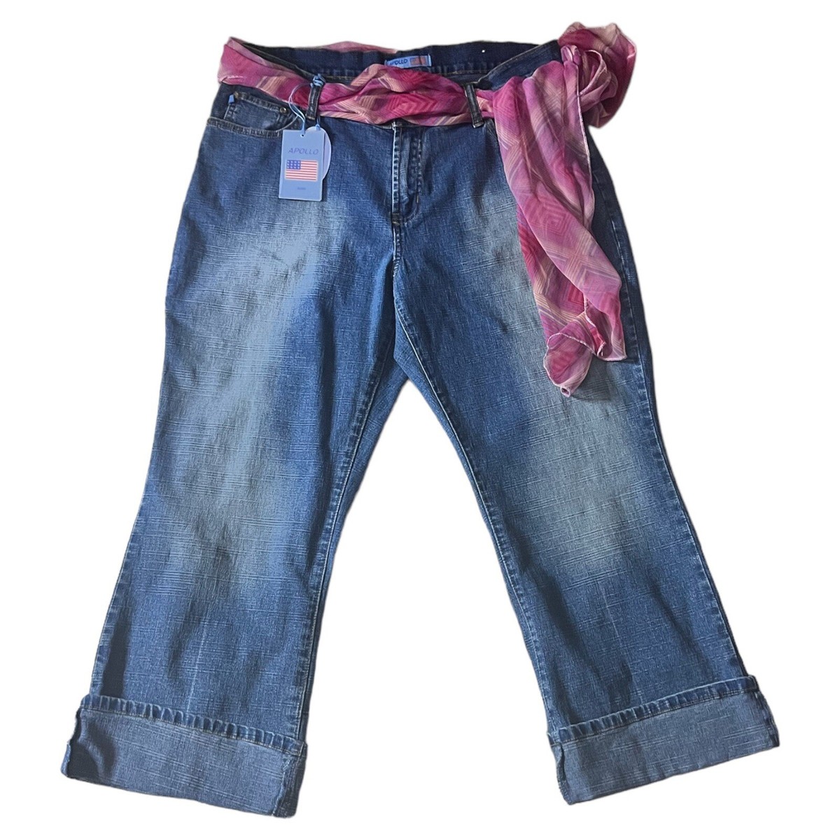 Nwt Women's Apollo Jeans Cuffed Crop Scarf Belted Blue Jeans Size