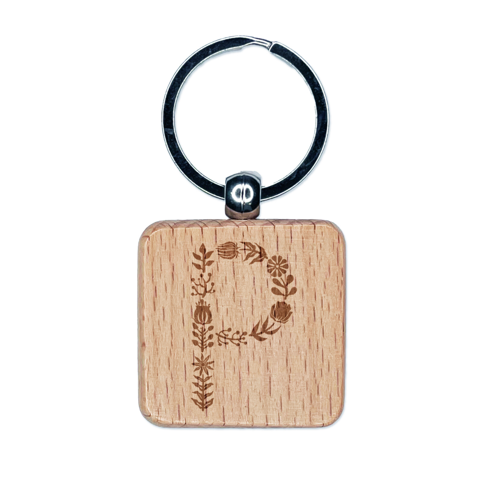 Elegant Botanical Floral Letter P Engraved Wood Square Keychain Tag Charm