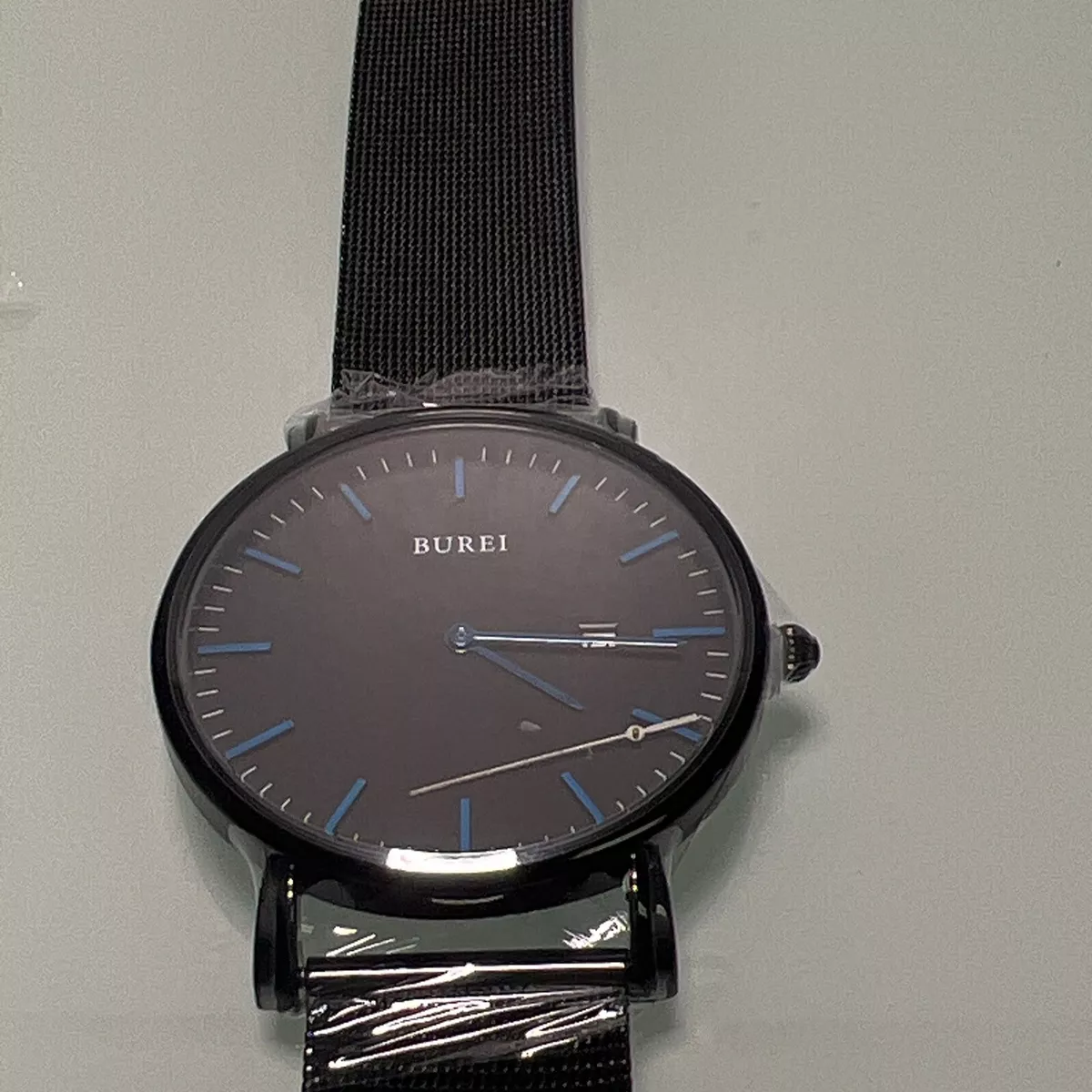 Burei Watch Men Date Black Dial Black Mesh Band Adjustable 9.25