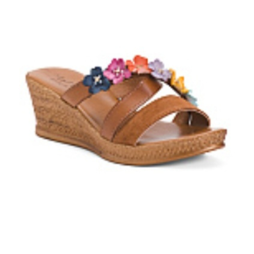 Mariella Made in Italy Floral Wedge Women's Sandals Leather Tan