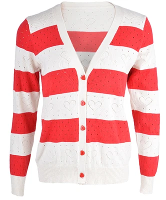 Cute Streifen HERZCHEN Red Stripe 50s STRICKJACKE / Cardigan Rot Rockabilly - Bild 1 von 4