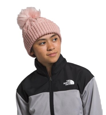 The North Face Girls Youth Kids Oh Mega Faux Fur Pom Beanie Hat PINK MOSS New