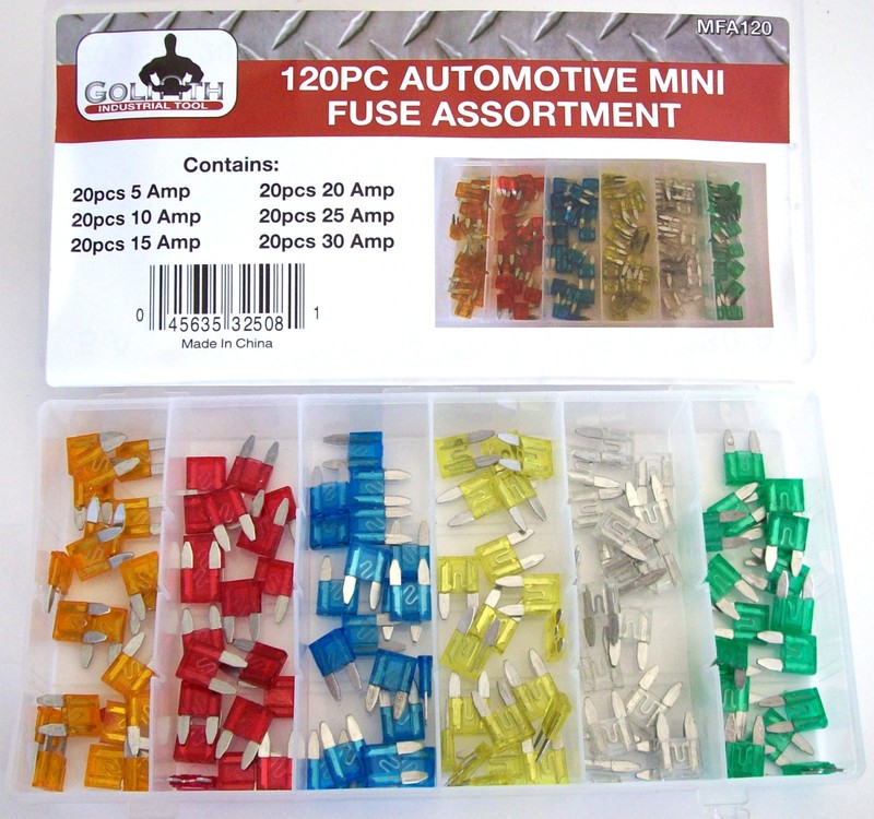 120pc GOLIATH INDUSTRIAL MINI CAR BLADE FUSE BOX ASSORTMENT FUSES TRUCK SUV RV
