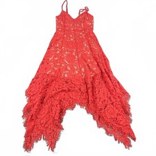 Red Lace High Low Maxi Dress | Handkerchief Hem | Spaghetti Strap