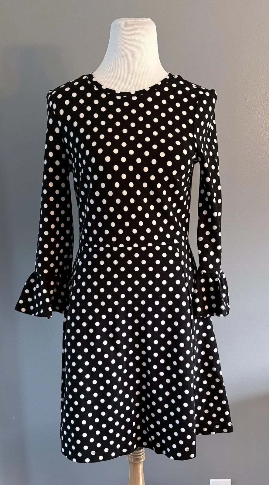 Abito Kate Spade Lia Dot Ponte nero bianco a pois maniche a balza taglia small