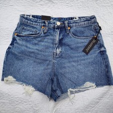 Blank NYC Sz 28 High-Rise Distressed Denim Jean Shorts Raw Hem Beachy Cut Off