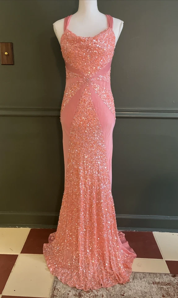 De Colección Niteline Talla 6 Coral Seda Vestido de Noche Cuentas Lentejuelas Vestido Formal Espalda Abierta Foto 4 de 4