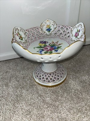 Herend Reticulated Pedestal Basket Hand Painted Flowers Gold Trim 7418