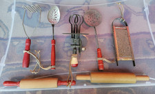 7 Vintage Child's Kitchen Utensils Play Set Metal Red White Wood Handles GB89