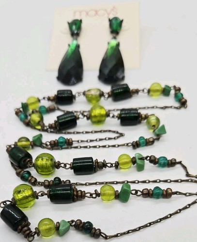 Macy's Necklace Earrings Set 2pc Green Rhinestone Dangle Chandelier 80's Vtg