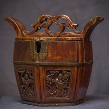 Chinese Wooden Wedding Bucket w/ hand-carving details 11 1/2" x 13"