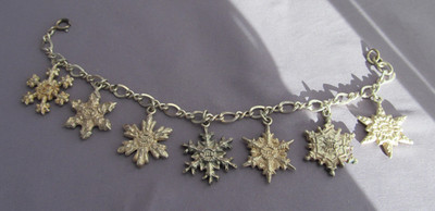 3D VINTAGE Gorham Sterling Snowflake 1970-76 Ornament 7 Charm LINK BRACELET