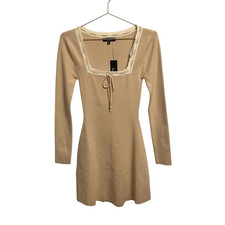 Lulus Tan Ribbed Knit Square Neck Long Sleeve Mini Dress NWT Size S