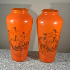 2 - Vintage Orange Glass Vases with Old Nautical Ships on side 9.75"