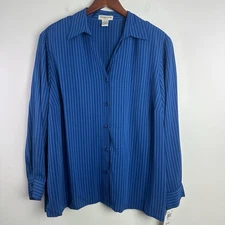 Notations Womens Button Up Shirt 2X Stripes Blue Long Sleeve Career Office NEW