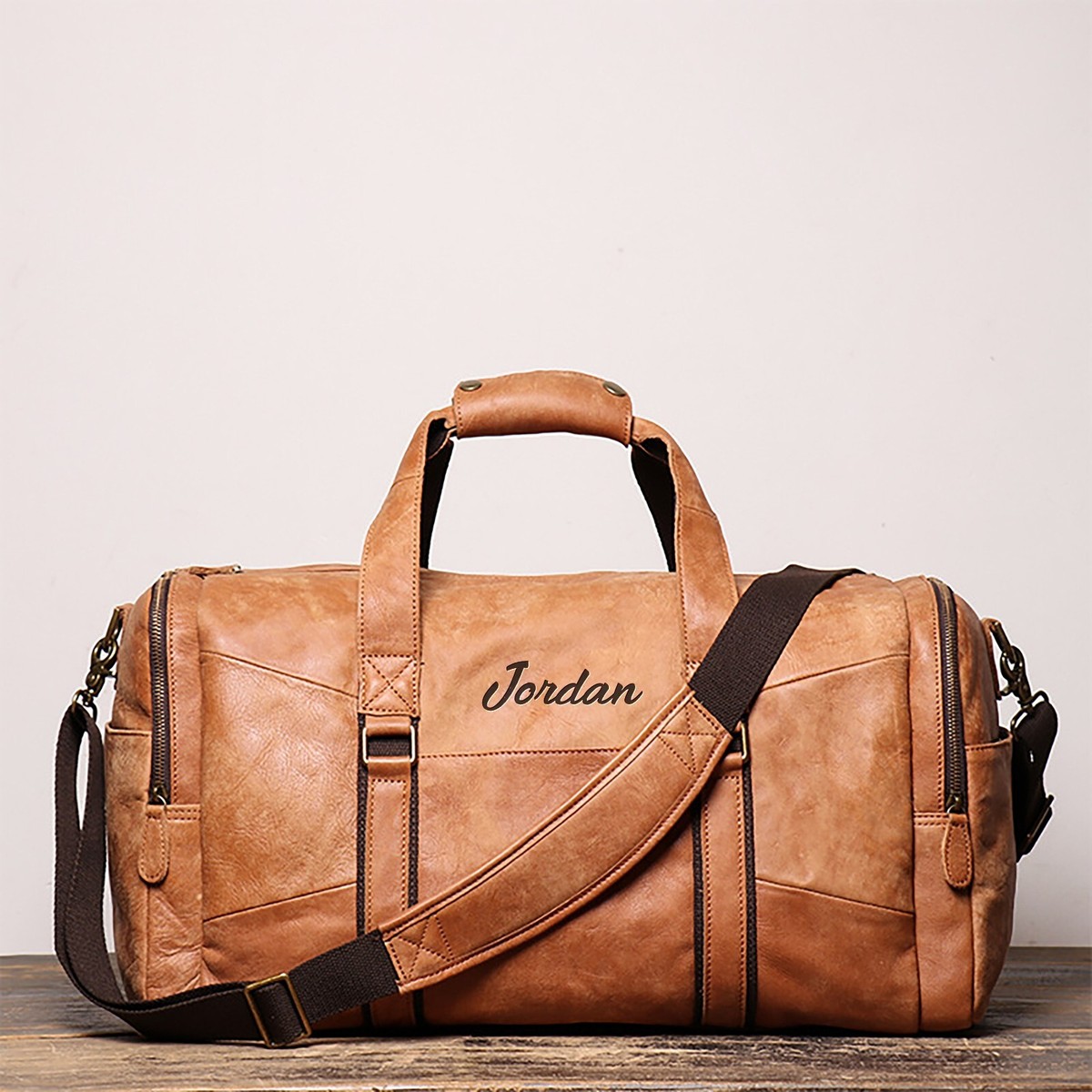 Personalized Leather Duffle Bag for Men Women, Carry On Mens Weekend Bag