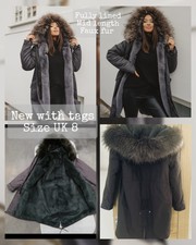 Rrp£450 Jane&tash Grey Fur Lined Parka Zip Up Hooded Longline Coat Winter Jacket