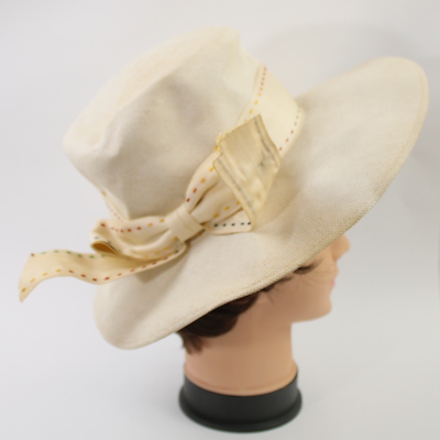 Ladies Vintage Hat Cream with Cream Bow Color Stitched 
