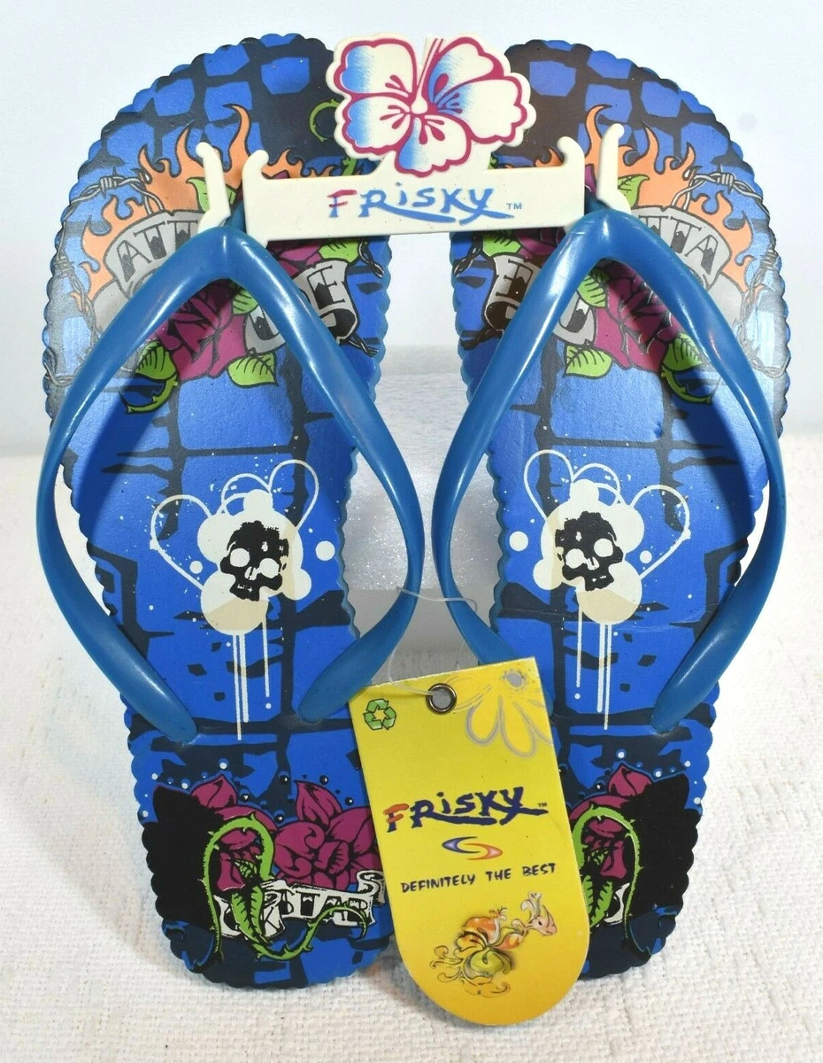 Flip Flops Frisky Colorful Blue Bottom Sole w Rockstar Attitude Flaming Rose