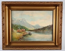 Vintage Dagny Earin Original Impressionist Oil Painting - Lakeside Cabins Scene