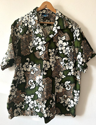 Vintage Blue Planet Hawaiian Shirt XL Barkcloth /Coconut Shell Buttons