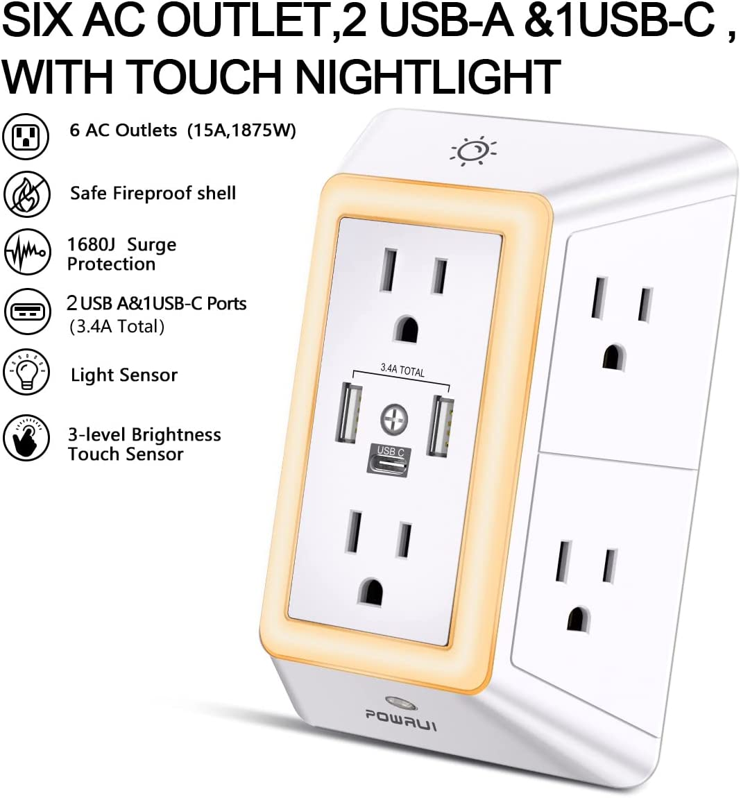Multi Plug Outlet Surge Protector -  6 Outlet Extender with 3 USB Ports (1 USB C