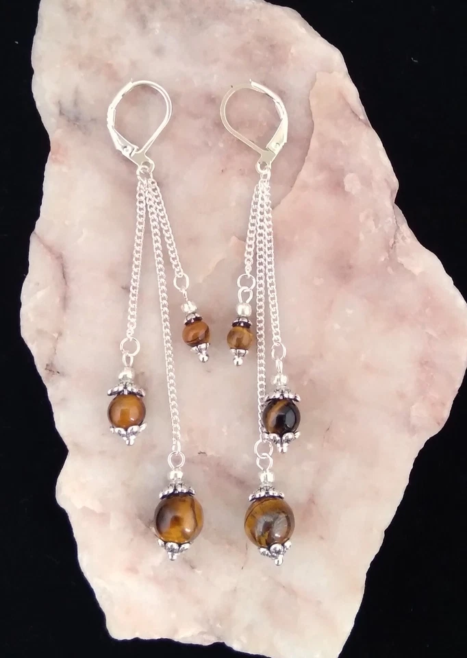 Tigers Eye Bead , 6m Long, 925 Silver Leverback Earrings. Handmade In Gift Bag - Image 2 of 4