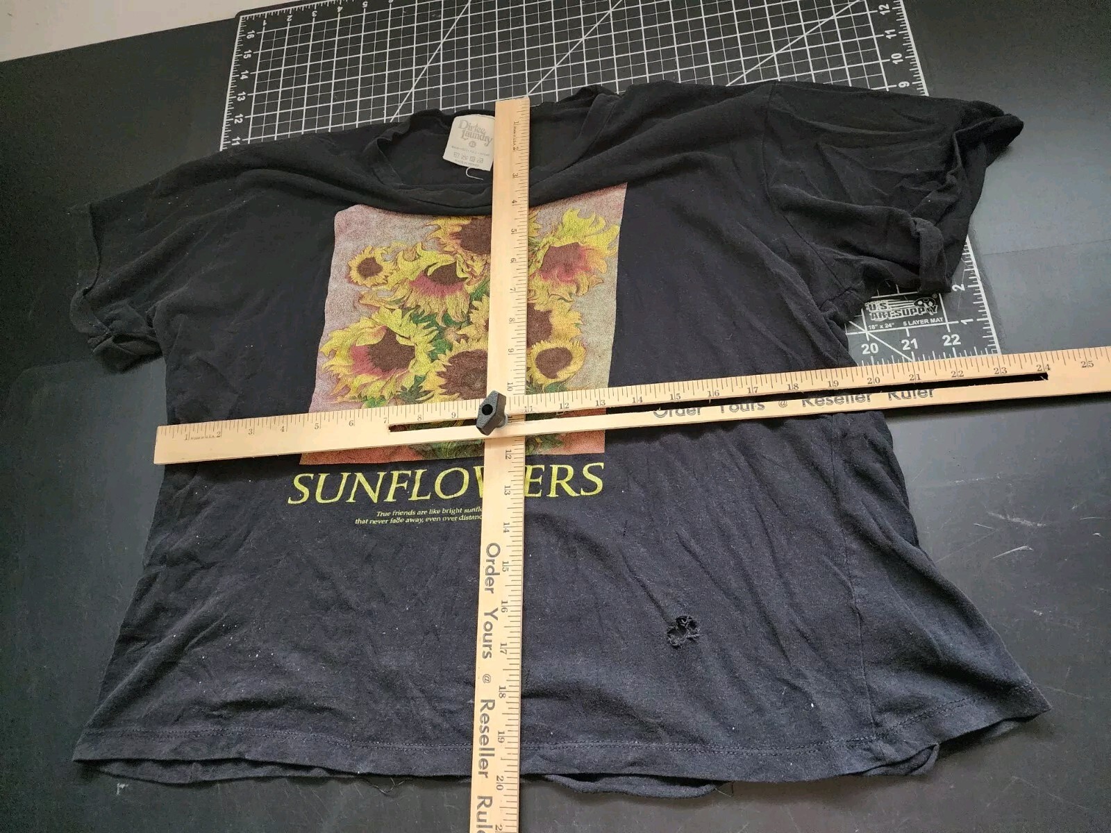 Dirtee Laundry Shirt Womens XL Black Sunflowers Graphic Tee DISTRESSED HOLES
