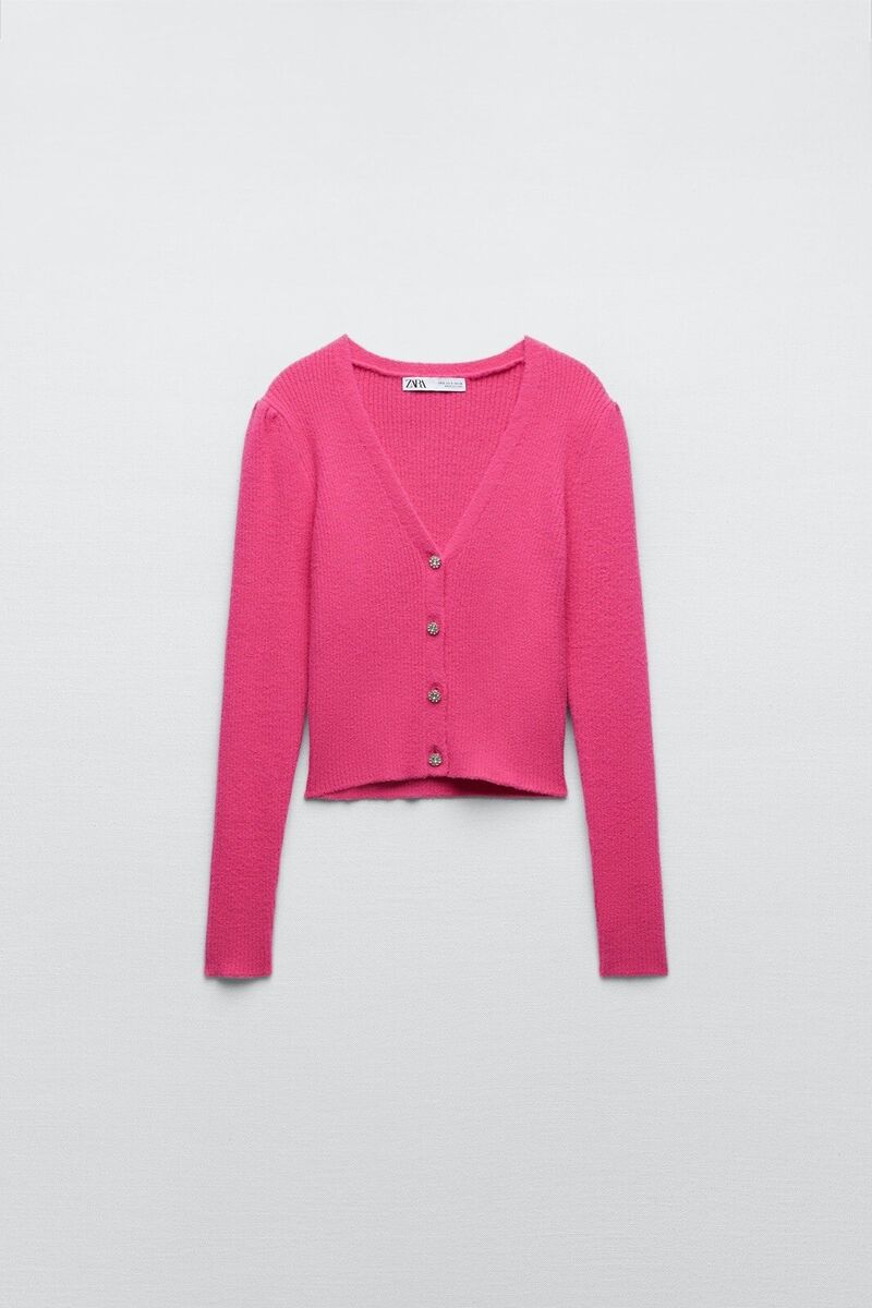 ZARA Jewel Button knit Cardigan Fuchsia 9598/197