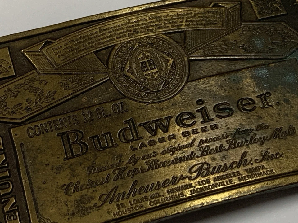 Hebilla de cinturón Budweiser vintage genuina Anheuser Busch latón macizo A-168 4"x2,5" Foto 4 de 4