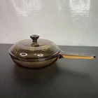 Vintage Vision Corning France Amber Glass 7" Waffle Skillet w/ Pyrex Lid V-1.5-C