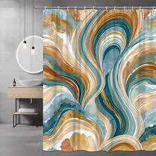 Abstract Wave Shower Curtain Blue Teal Gold Beige Print