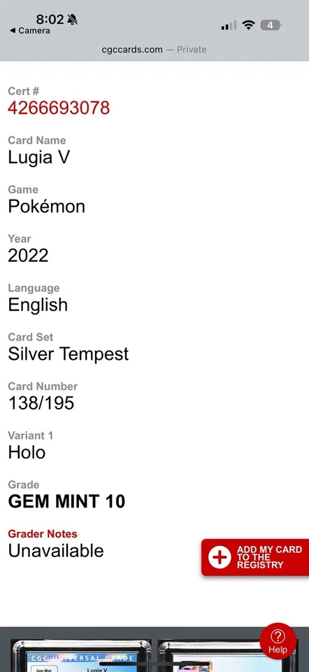 Pokemon Lugia V Holo Star TCG Silver Tempest 2022 CGC 10 Gem Mint Card 139/195 - Image 3 of 3