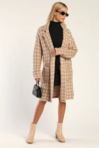 Lulus Cozy Conditions Knit Plaid Coatigan Tan Outerwear Small