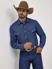 WRANGLER COWBOY CUT FIRM FINISH BLUE PEARL SNAP DENIM WESTERN SHIRT SZ. 17.5x35