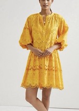 Anthropologie Boho Tallulah Puff Sleeve Eyelet Mini Dress in Mango Yellow Sz Lg
