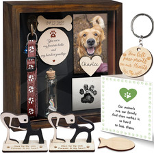 8.6'' Pet Memorial Shadow Box, Rustic Collar Holder Picture Frame, Paw Print Kit