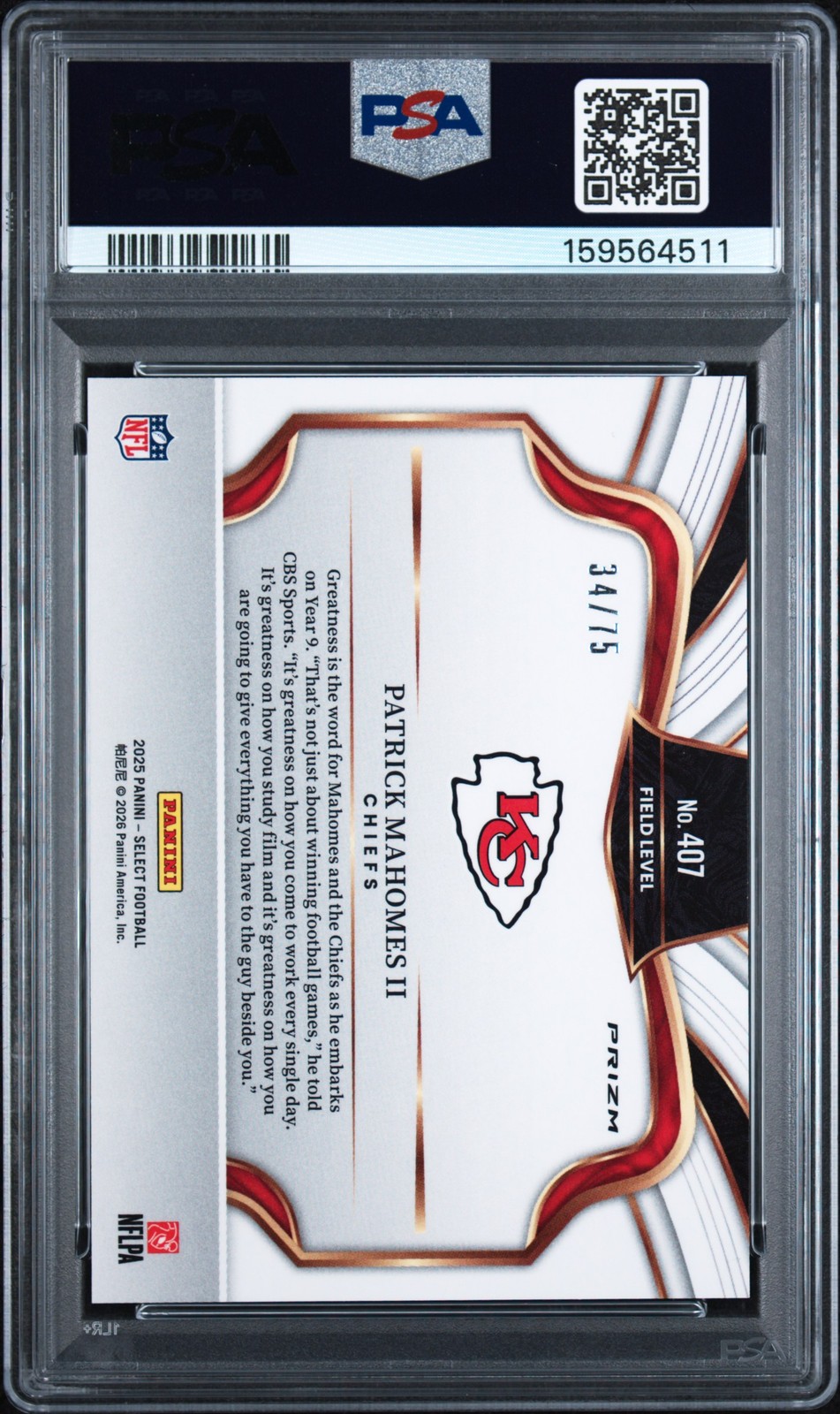 2025 PANINI SELECT BLUE PRIZM #407 PATRICK MAHOMES II 34/75 PSA 8 view 2