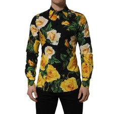 DOLCE & GABBANA Shirt Black Floral Stretch Cotton SICILIA Fit Dress 40/US15.75/M