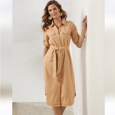 Soft Surroundings Fontana Tan Linen Blend Safari Shirt Dress Midi Belted