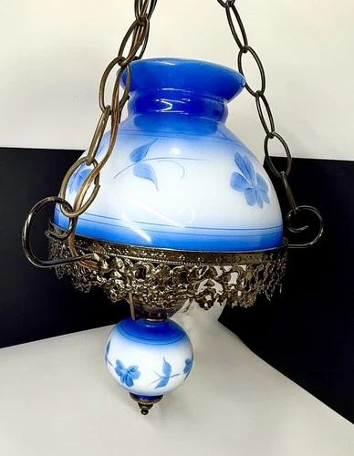 VTG Hanging Swag Hurricane Lamp Milk Glass “GWTW” Hand Painted Blue Floral Brass