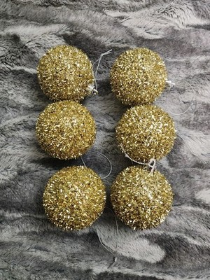 Christmas Ornaments Baubles Gold Snowball Tinsel Hanging Decorations Set Of 6