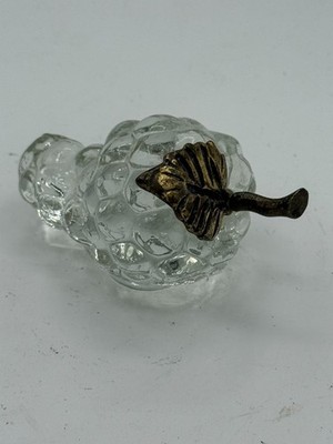 Vintage Heavy Clear Glass Grapes with Brass Stem & Leaf, Paperweight Home Decor