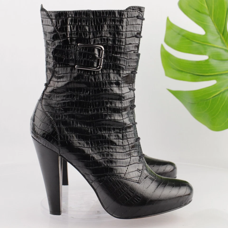 Talbots Womens Boot Size 9 Black Croc Leather High Heel Elegant Bootie Mid Calf - Image 4 of 4