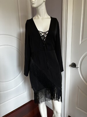 Michael Costello x Revolve Black Long Sleeve Fringe Mini Dress Size Small |  eBay
