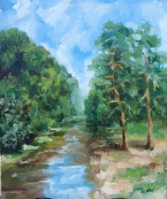 Landscape Summer River Original Oil Canvas Board 10x12 Hand Painted YSArt