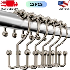 Set of 12 Rust-Proof Double-Sided Shower Curtain Hooks Brushed Nickel Finish